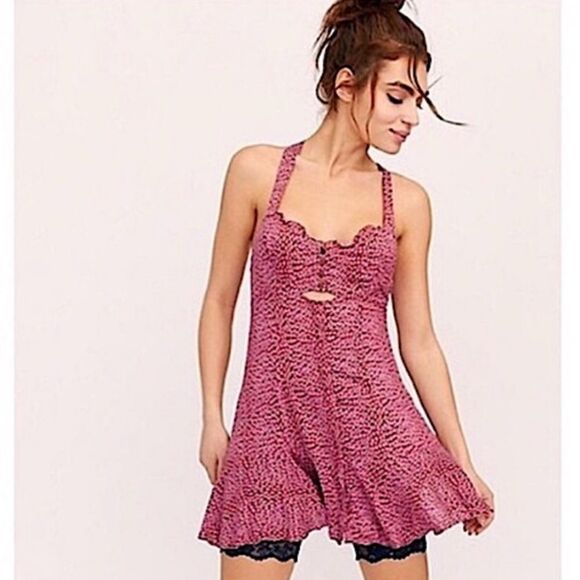 Free People Make It Happen Red Floral Keyhole Button Bodice A line Mini Dress - Picture 1 of 16